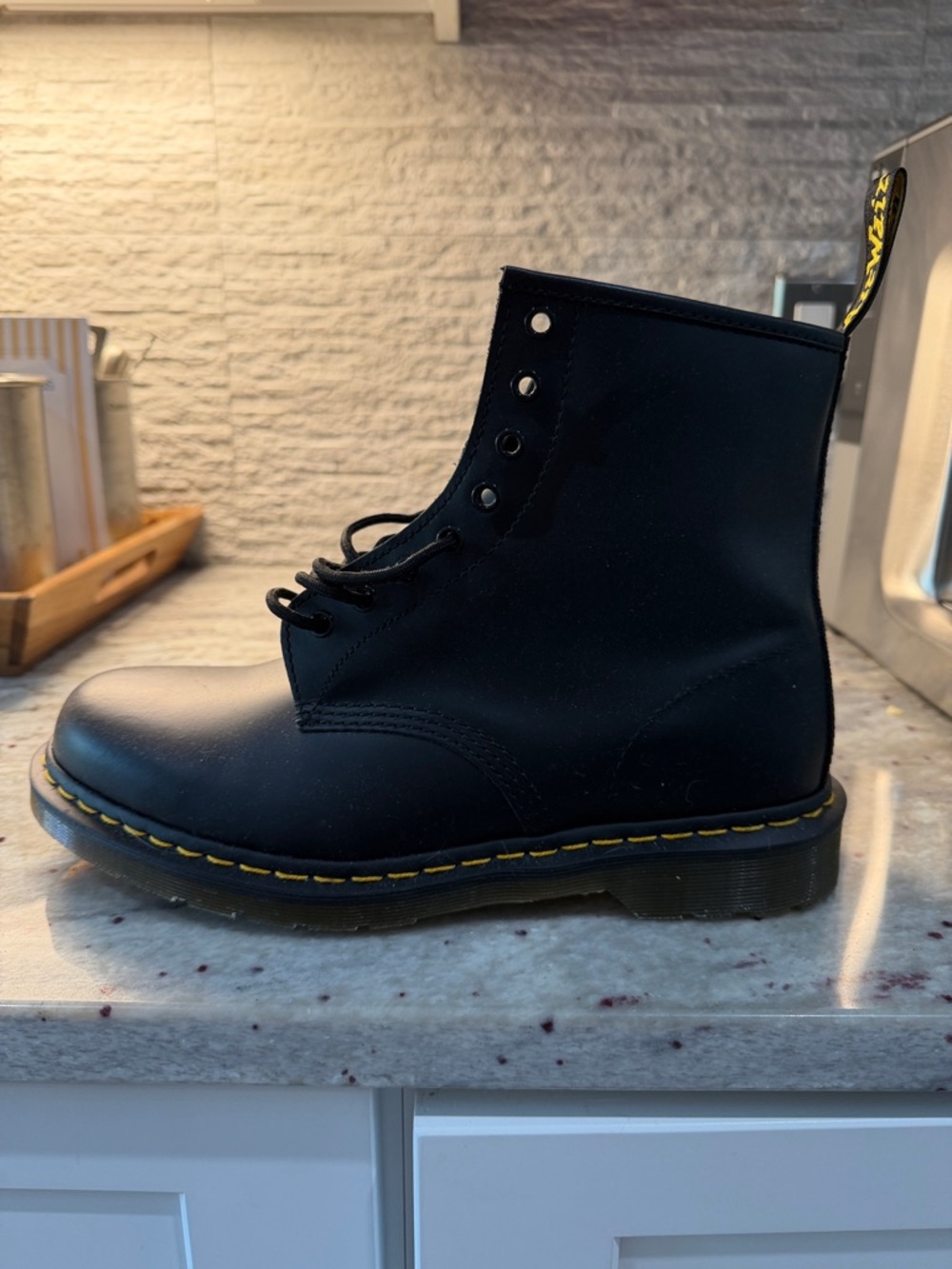 Dr. Martens Black Leather Combat Boot with Yellow Stitching